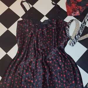 Black Slip Dress with Red Heart Pattern